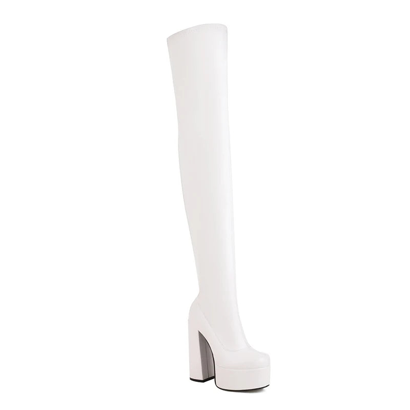 extrem Overknee Platform Plateau Elastisch Ultra-Hoch Leder-Optik