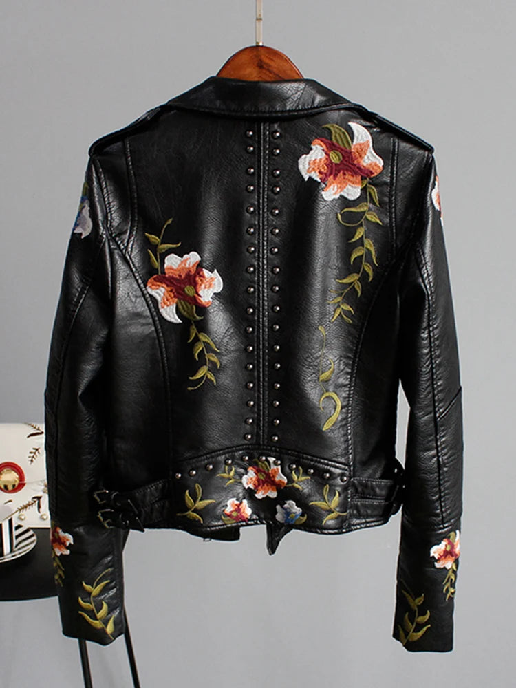 Blumenmuster bestickte weiche Kunstleder-Jacke Damen Biker-Stil kurz XS-XL