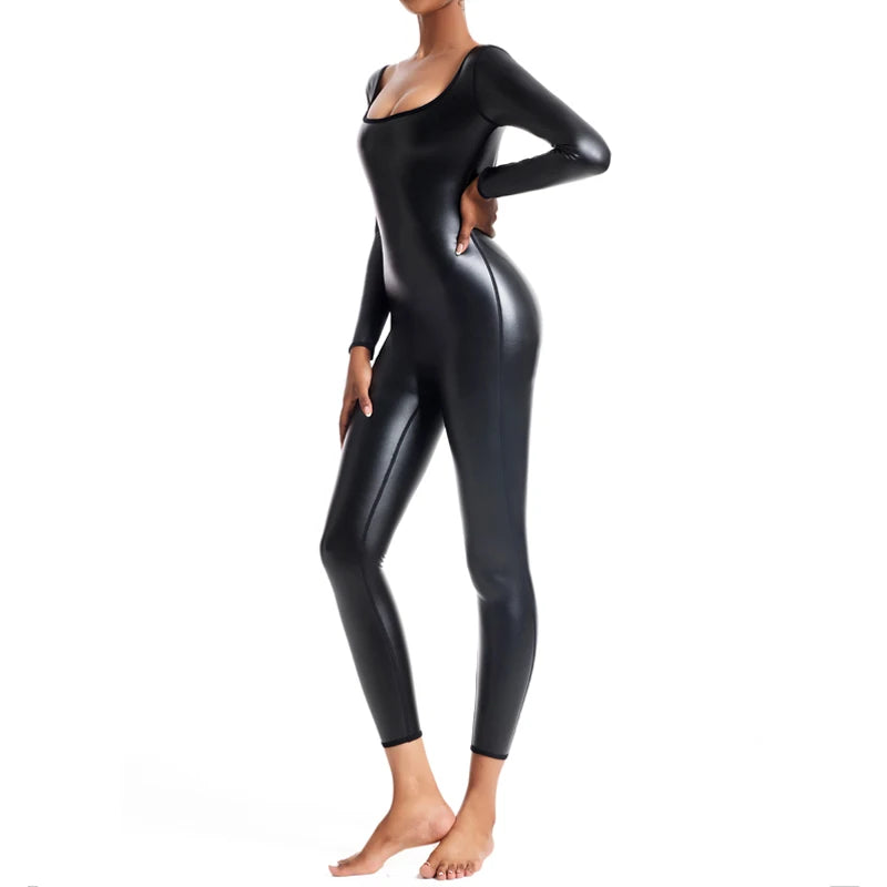 Bodysuit Jumpsuit Overall Catsuit Shapewear Leder-Optik Slip-On Langarm