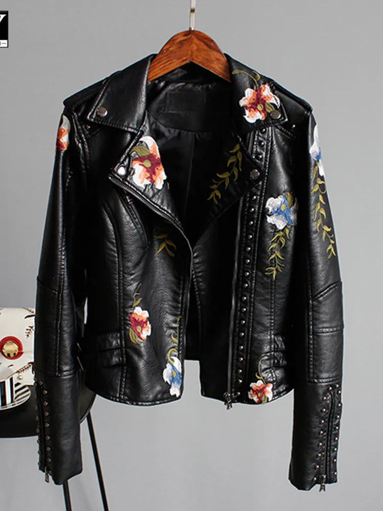 Blumenmuster bestickte weiche Kunstleder-Jacke Damen Biker-Stil kurz XS-XL