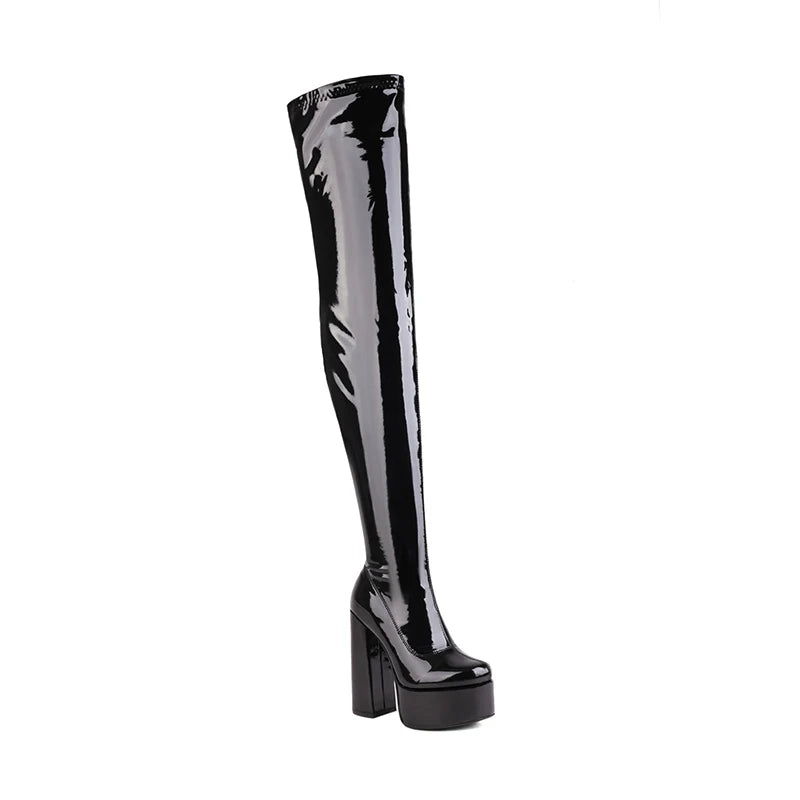 extrem Overknee Platform Plateau Elastisch Ultra-Hoch Leder-Optik