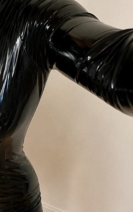 REI black bandage dress glossy wet look with front zipper and high collar.