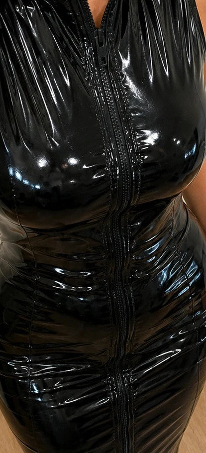 REI black wetlook maxi dress with front zipper and fitted silhouette.