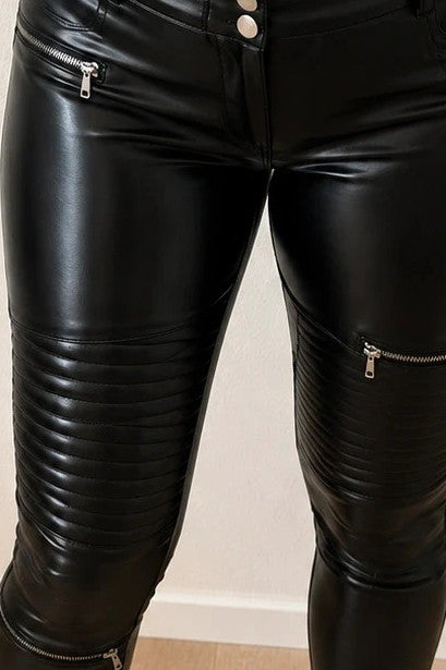 REI black high-waist leggings glossy leather look biker details decorative zippers