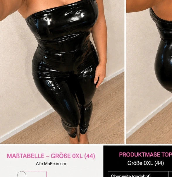 XXL black jumpsuit shiny wetlook finish strapless figure-hugging design