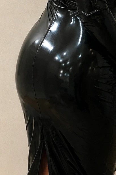 XXL black wetlook maxi dress with high collar, long sleeves, and back zipper detail.