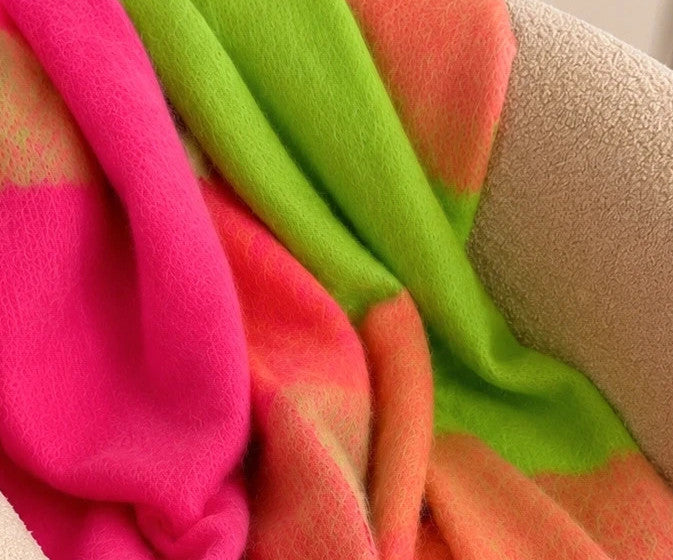 XXL multi-coloured scarf with fringes, soft polyester, vibrant pink and green hues.