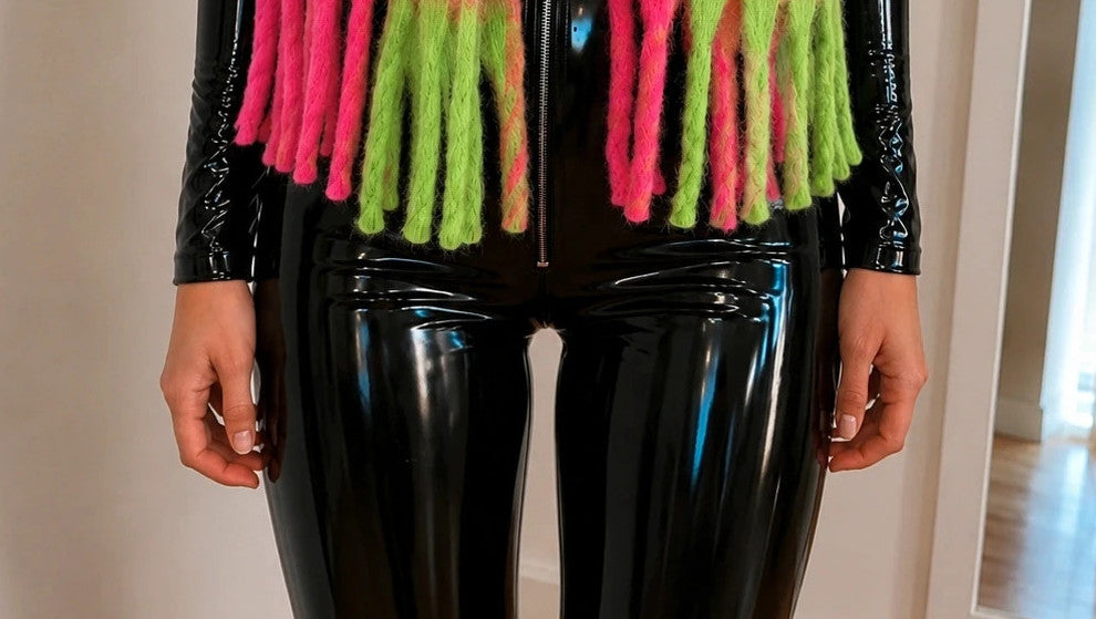 XXL multi-coloured scarf with fringes, soft polyester, vibrant pink and green hues.