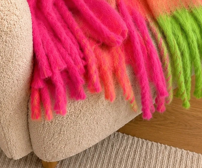 XXL multi-coloured scarf with fringes, soft polyester, vibrant pink and green hues.