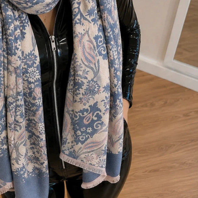 XXL beige blue scarf with decorative pattern and soft polyester material