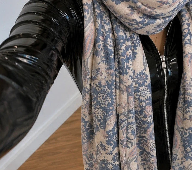 XXL beige blue scarf with decorative pattern and soft polyester material