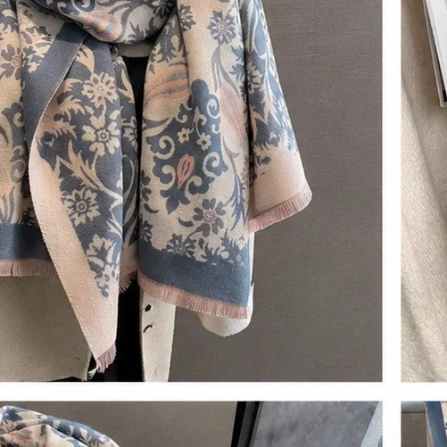 XXL beige blue scarf with decorative pattern and soft polyester material