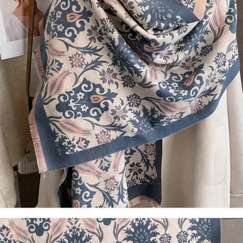 XXL beige blue scarf with decorative pattern and soft polyester material