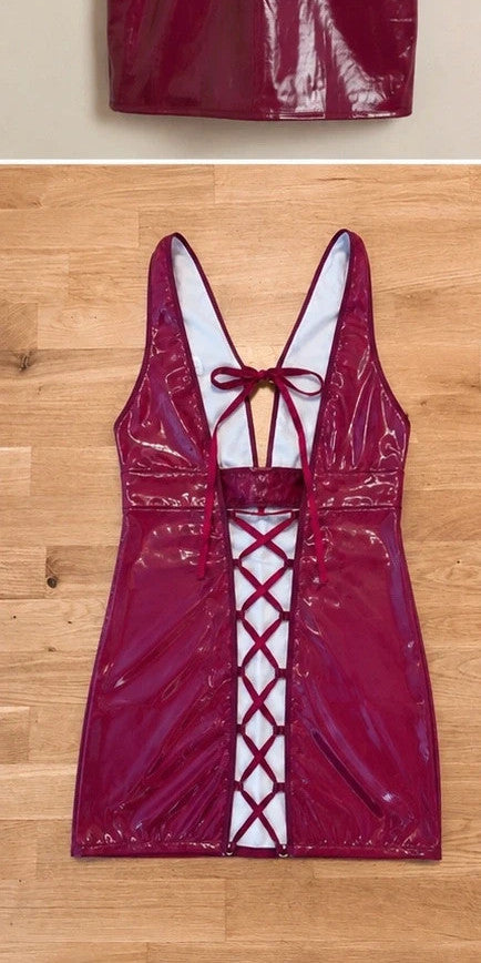ALS burgundy bandage dress with shiny wetlook finish and decorative lacing details.