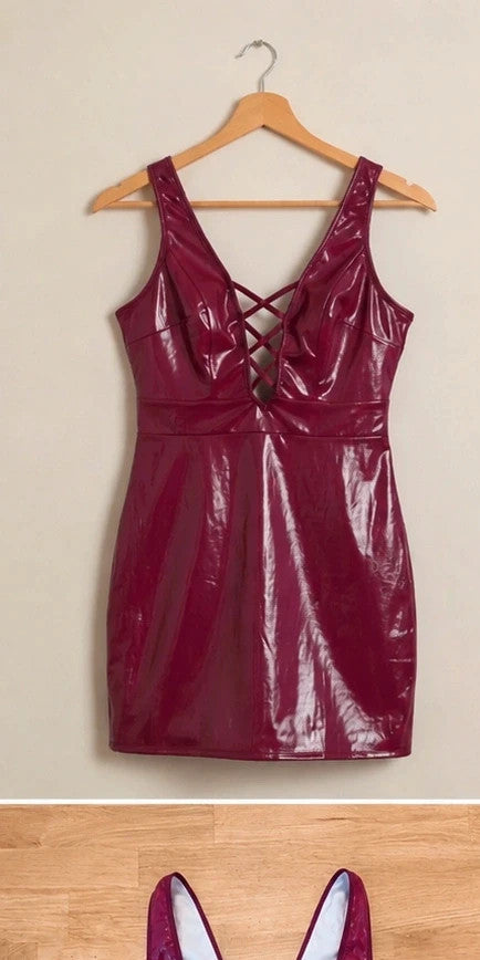 ALS burgundy bandage dress with shiny wetlook finish and decorative lacing details.