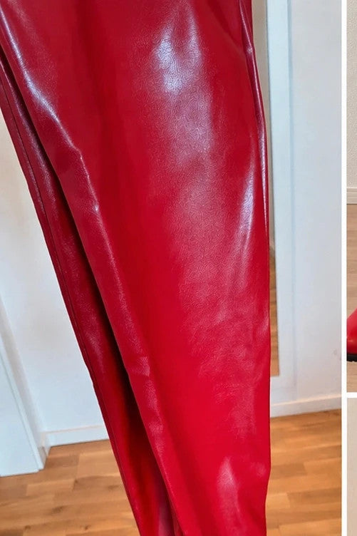 Elegante red overknee boots with high shaft and low block heel, timeless design.
