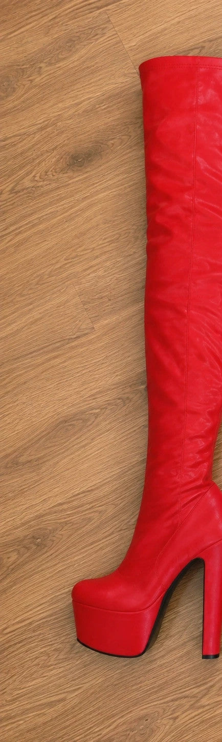 ALS red overknee plateau boots with thick stiletto heel and soft interior.