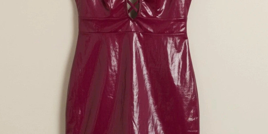 Bordeaux burgundy bandage dress with lace-up detail and glossy vinyl appearance.