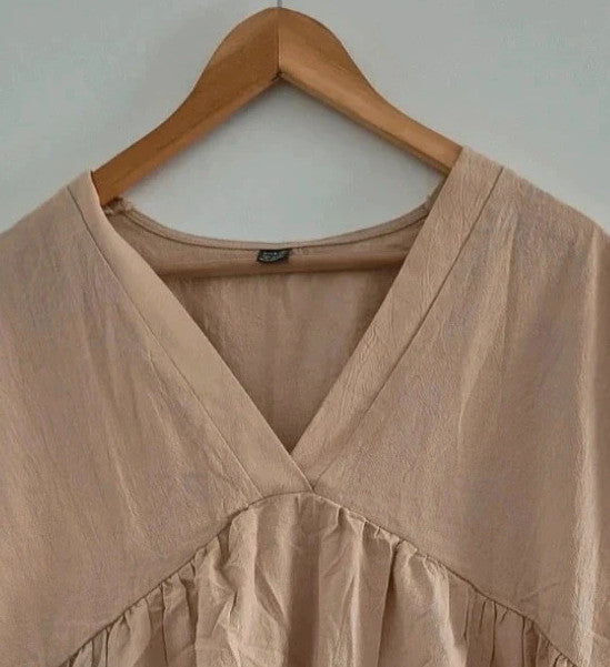 SheIn beige linen maxi dress untagged, relaxed fit, casual style, wrinkled from storage.