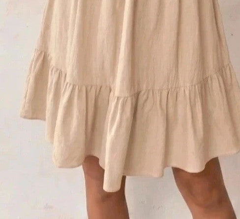 SheIn beige linen maxi dress untagged, relaxed fit, casual style, wrinkled from storage.