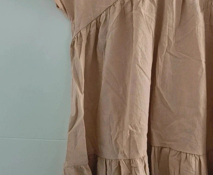 SheIn beige linen maxi dress untagged, relaxed fit, casual style, wrinkled from storage.
