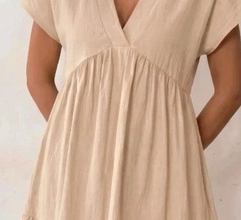 SheIn beige linen maxi dress untagged, relaxed fit, casual style, wrinkled from storage.