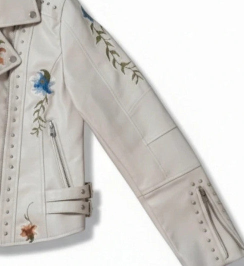 Brand New beige and orange biker jacket with floral pattern in synthetic material.