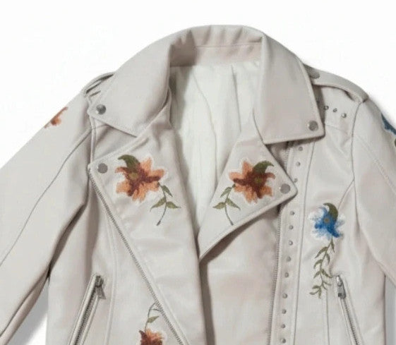 Brand New beige and orange biker jacket with floral pattern in synthetic material.