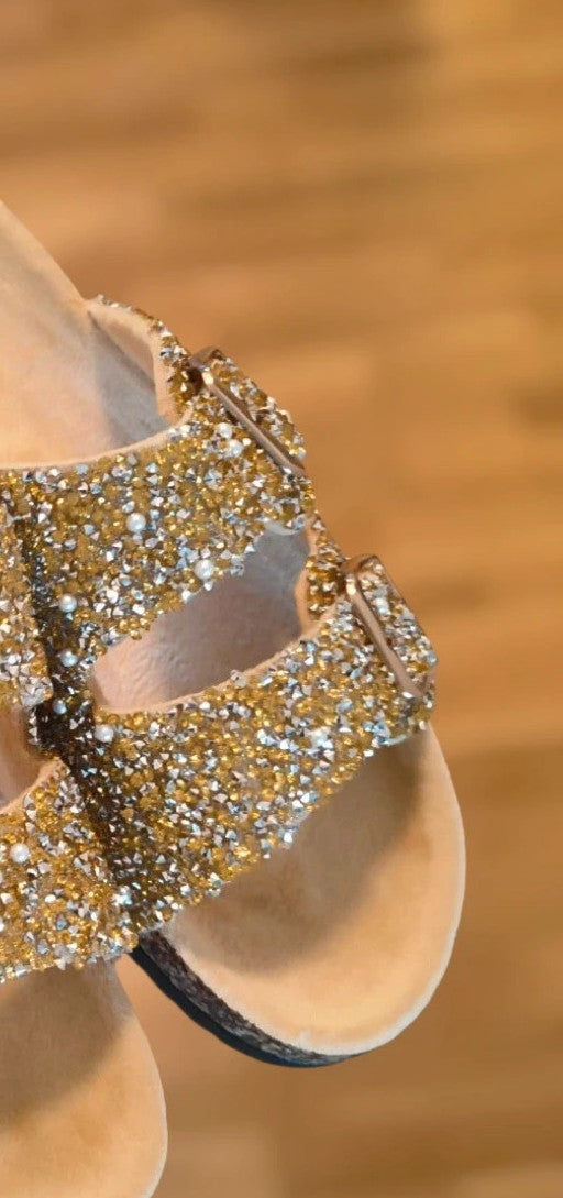 ALS gold slides with glitter, synthetic material, and unique sparkling design.