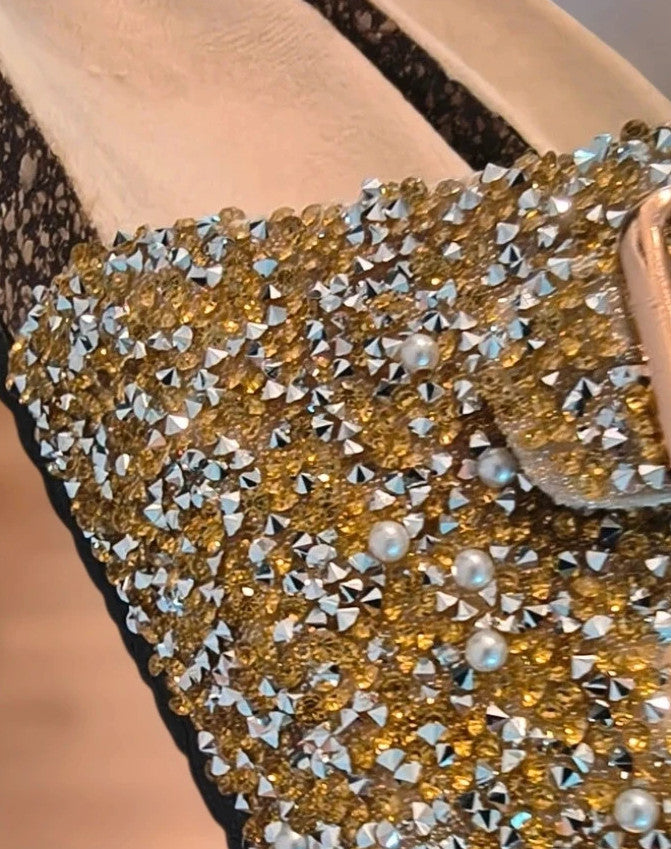 ALS gold slides with glitter, synthetic material, and unique sparkling design.