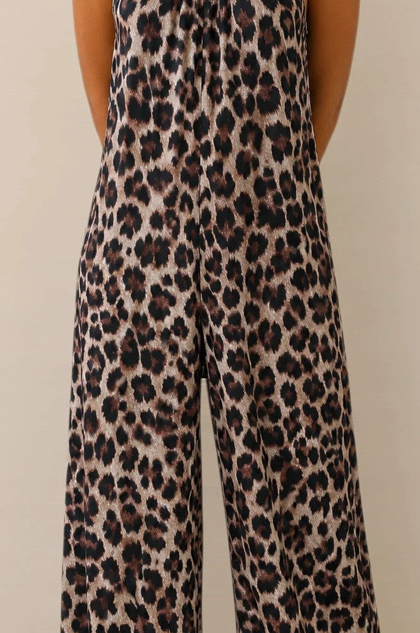SheIn beige and brown jumpsuit with leopard print pattern and sleeveless design.