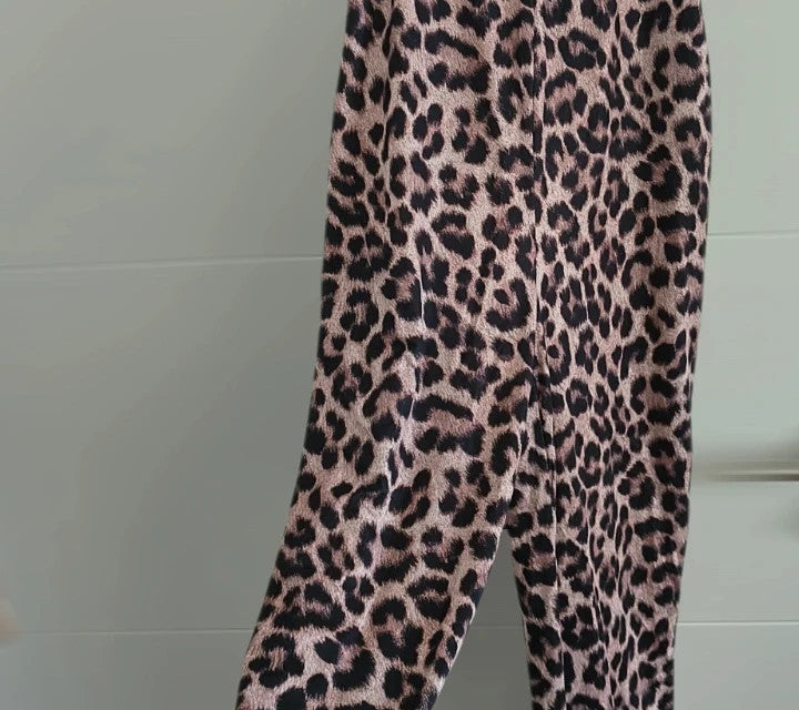 SheIn beige and brown jumpsuit with leopard print pattern and sleeveless design.