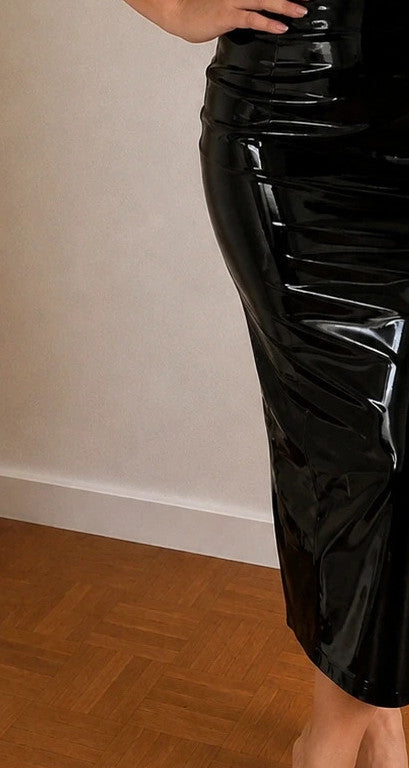 Silhouette black wetlook midi skirt high waist with back zipper and glossy finish.