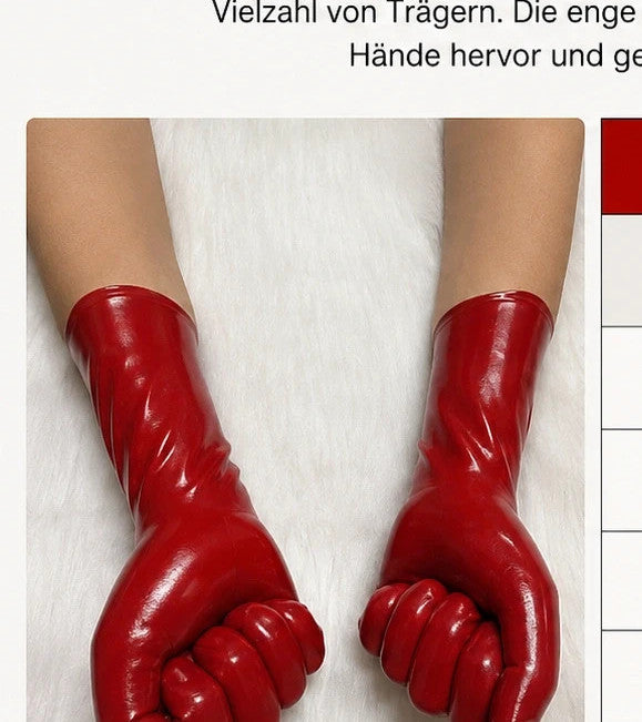 Herren red latex gloves with shiny finish, long design, form-fitting style.
