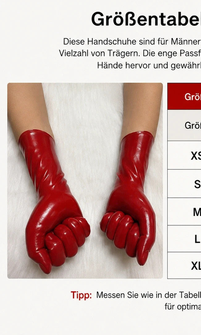 Herren red latex gloves with shiny finish, long design, form-fitting style.