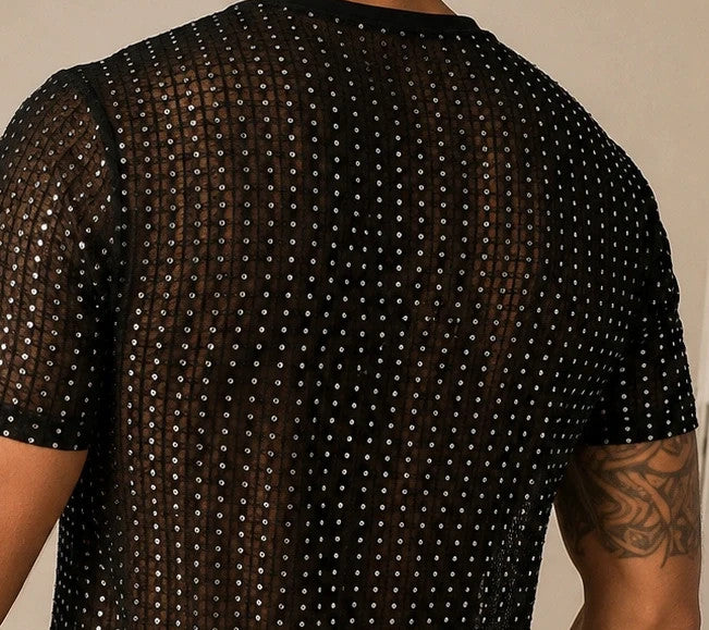 Herren black graphic tee with silver glitter details and semi-transparent mesh fabric.