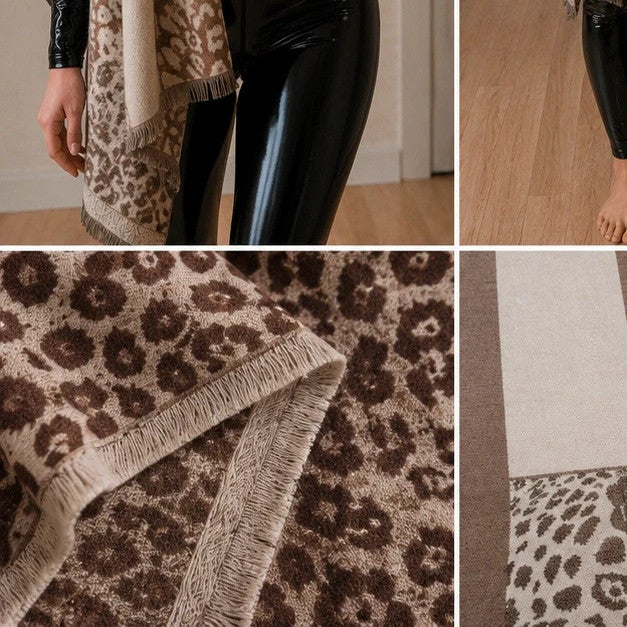 XXL beige brown scarf with leopard print pattern and fringes, soft polyester material.