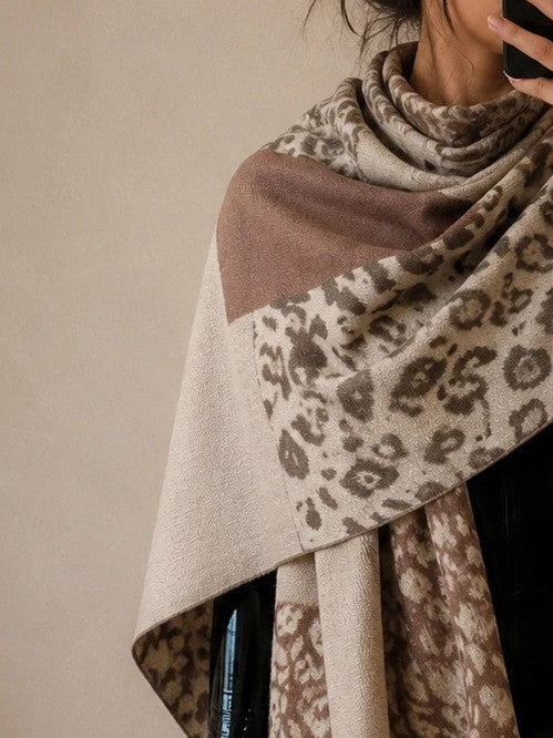 XXL beige brown scarf with leopard print pattern and fringes, soft polyester material.