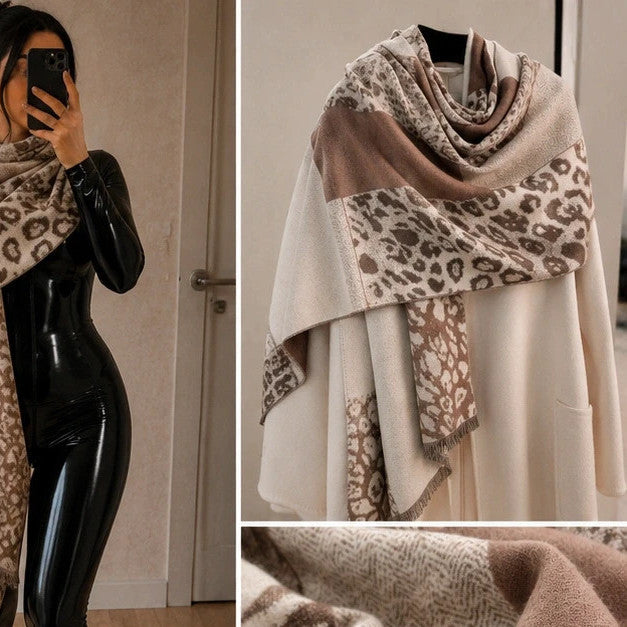 XXL beige brown scarf with leopard print pattern and fringes, soft polyester material.