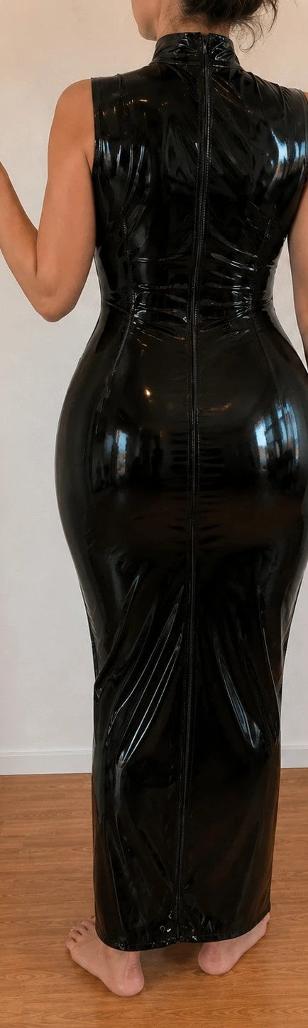 REI black maxi dress high-neck sleeveless wetlook PU leather with zipper detail.
