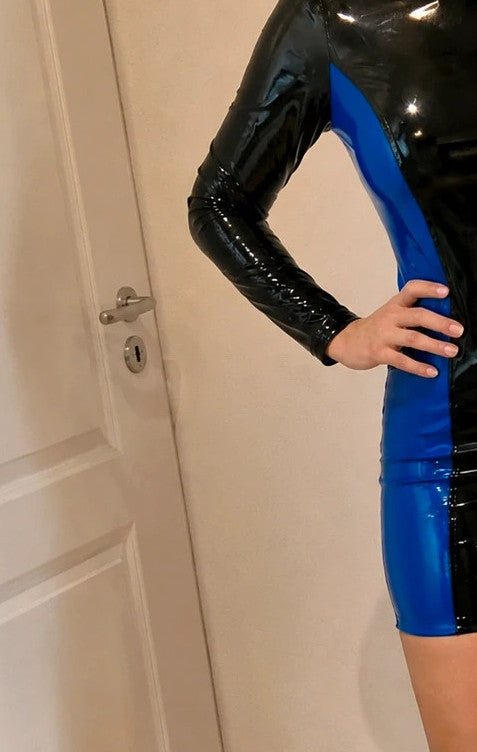 CKS black and blue bandage dress, glossy PU leather, long sleeves, high collar.