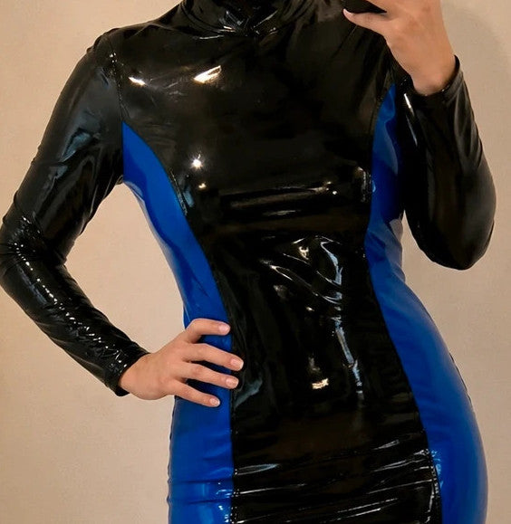 CKS black and blue bandage dress, glossy PU leather, long sleeves, high collar.