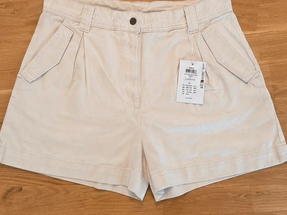 ONLY beige shorts high waist button closure side pockets decorative flaps 100% cotton
