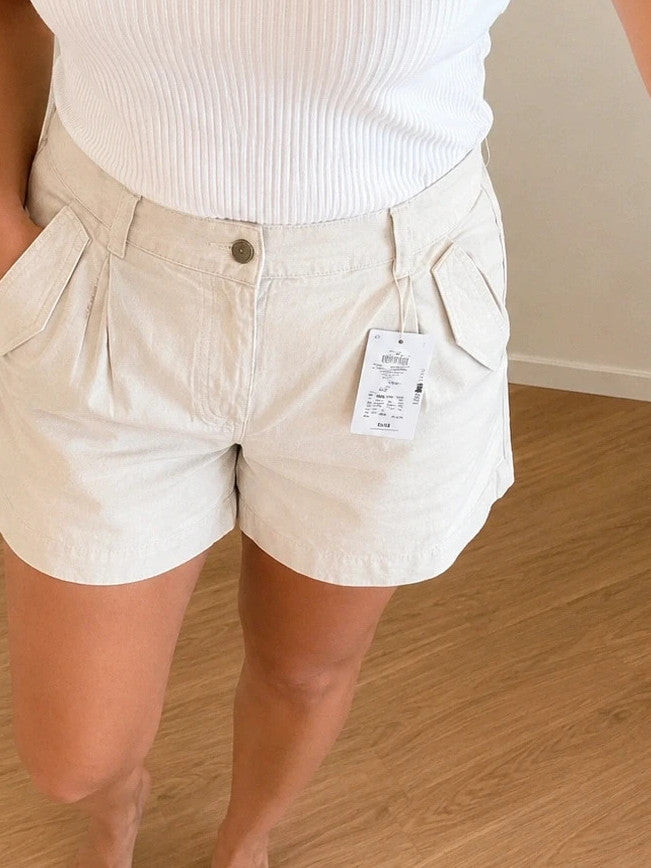 ONLY beige shorts high waist button closure side pockets decorative flaps 100% cotton