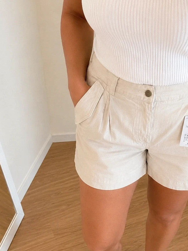 ONLY beige shorts high waist button closure side pockets decorative flaps 100% cotton