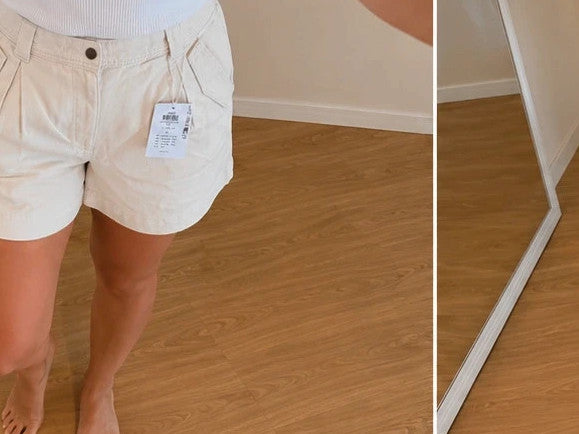 ONLY beige shorts high waist button closure side pockets decorative flaps 100% cotton
