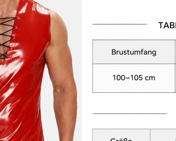 Herren red sleeveless shirt with shiny wetlook finish and black lace-up neckline.