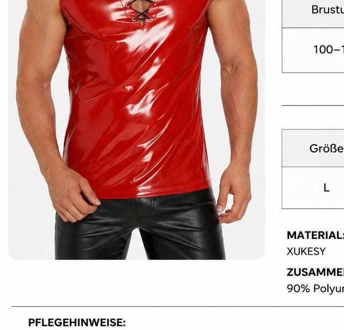 Herren red sleeveless shirt with shiny wetlook finish and black lace-up neckline.