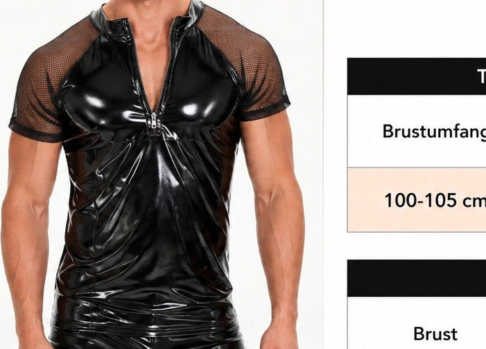 REI men's black wetlook shirt with mesh inserts and front zipper detail.