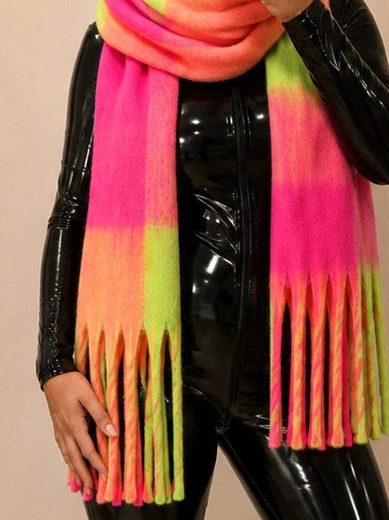 XXL multi-coloured scarf in neon pink, orange, green with fringe and check pattern.